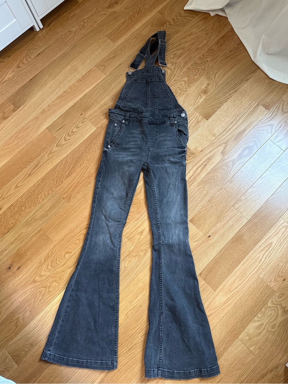 Free People Washed Black Denim Flared Overalls